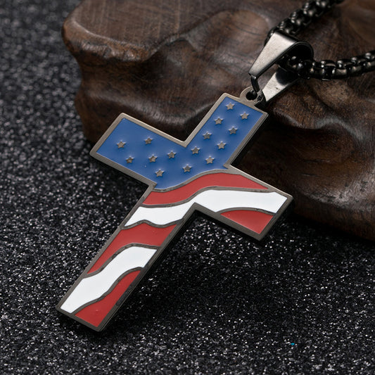 Elegant Flag Cross Necklace – Stainless Steel Pendant with National Flag Design