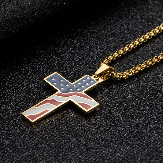 Elegant Flag Cross Necklace – Stainless Steel Pendant with National Flag Design